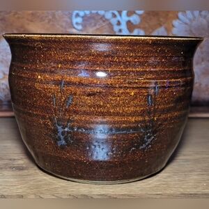 Brown Glazed Pottery 6" Flower Pot Cachepot Utility Crock Catch-all